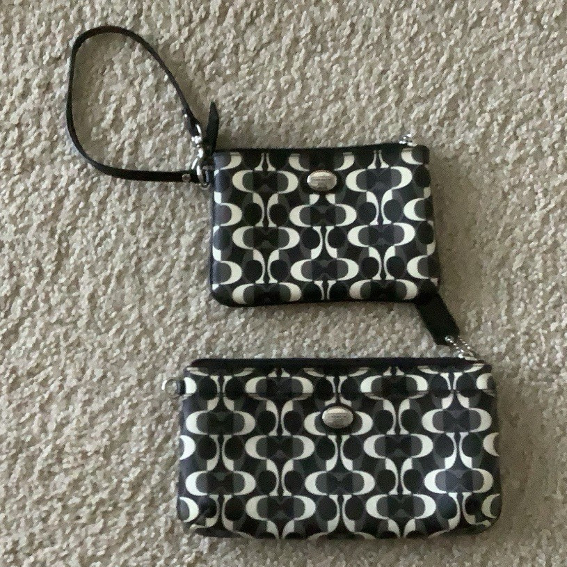 Coach Logo Wristlet Wallet Black White Gray Zip Wrist Strap Card Organizer
