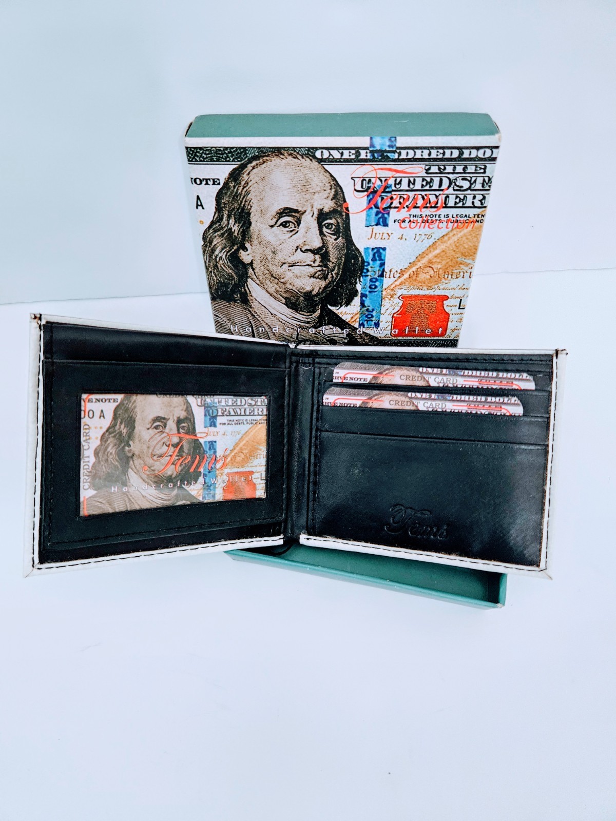 Tems Handcrafted Bifold Novelty Wallet Featuring a print of a $100 Bill
