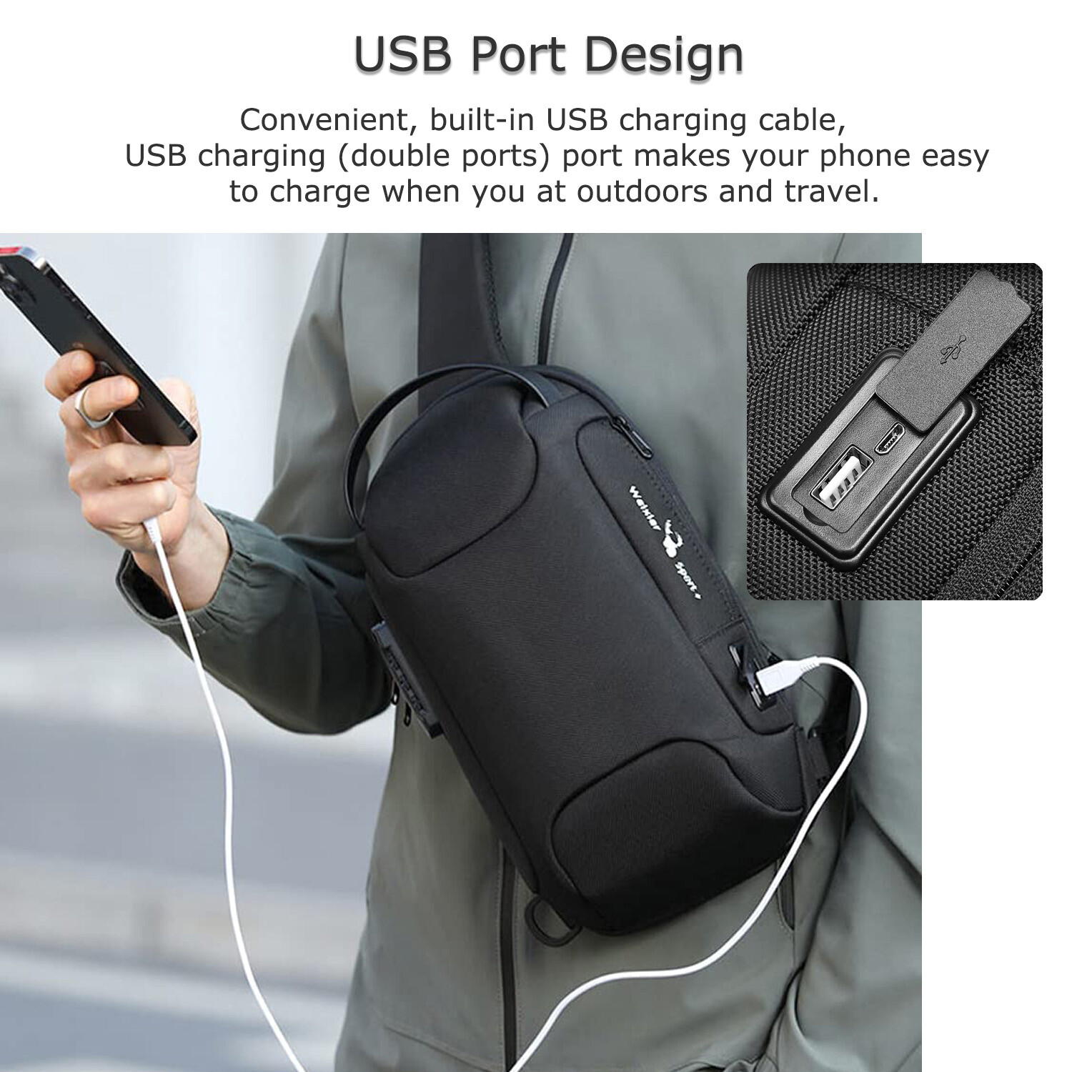 Anti Theft Sling Bag Waterproof Chest Bag Crossbody Backpack w/ USB Charge Port