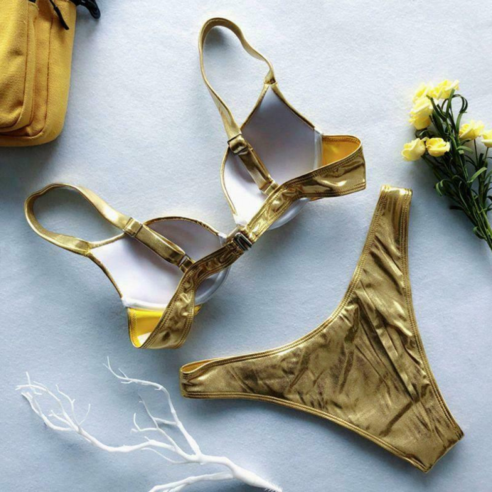 Women Sexy Bikini Reflective Shiny Metallic Swimsuit Push Up Underwire Beachwear