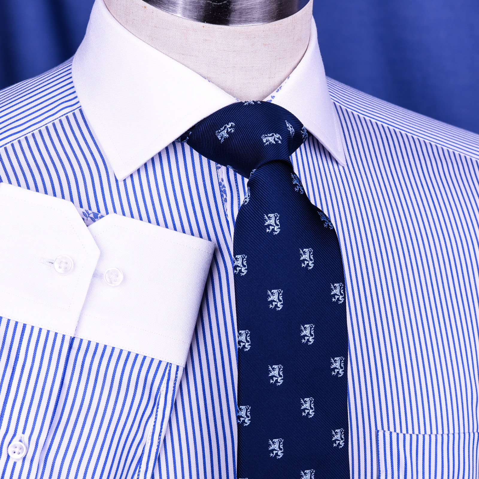 Bright Blue Striped Winchest Contrast Dress Shirt Standard Single Cuff Smart