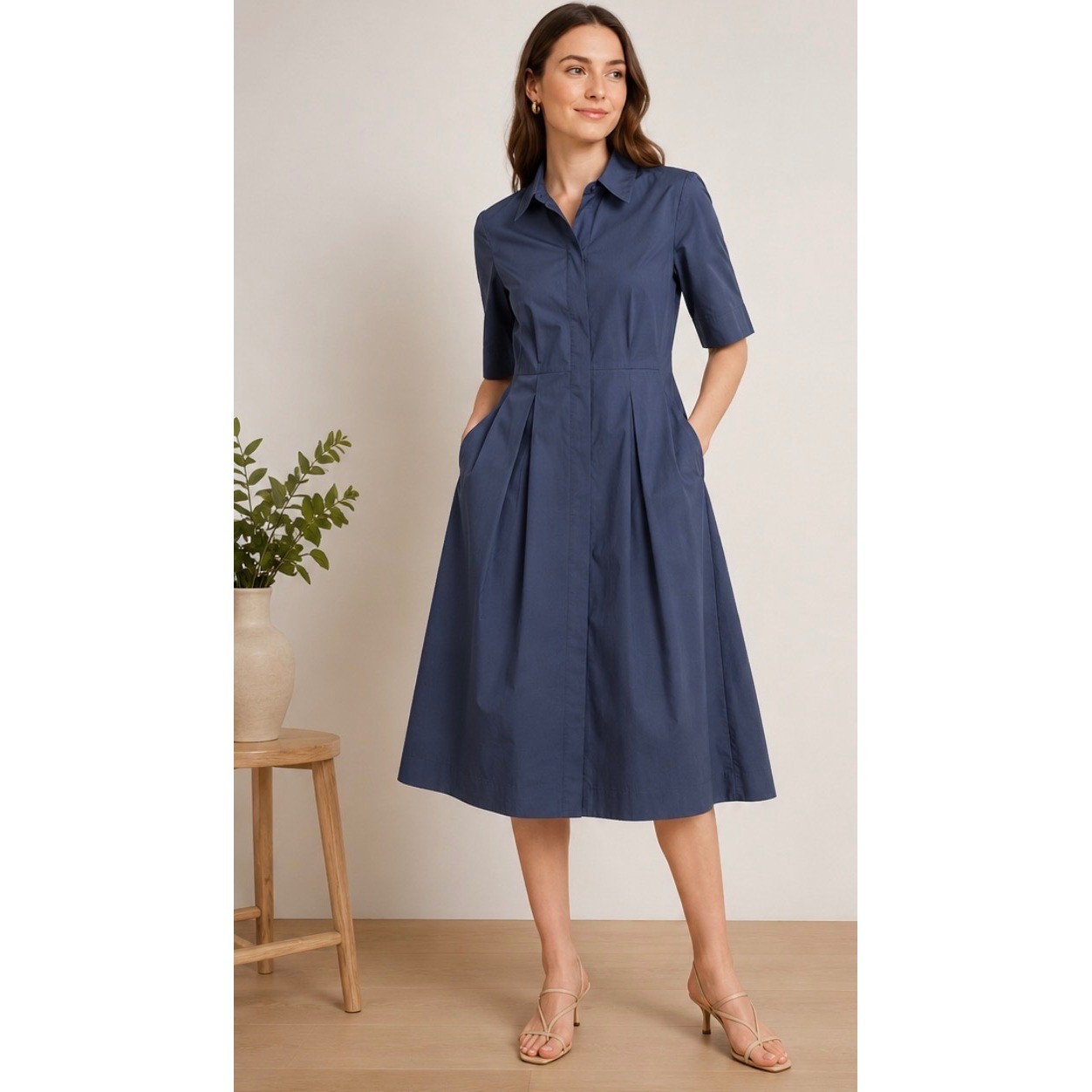 JOSEPH Poplin Midi Shirt Dress Womens 36 Small Navy Preppy Pleated Minimalist