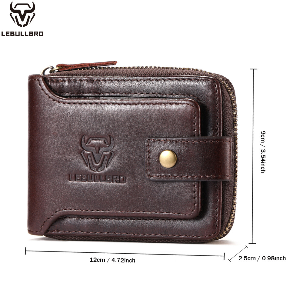 Genuine Leather Wallet Men Large Capacity ID Window Card Case Zip Coin Pocket
