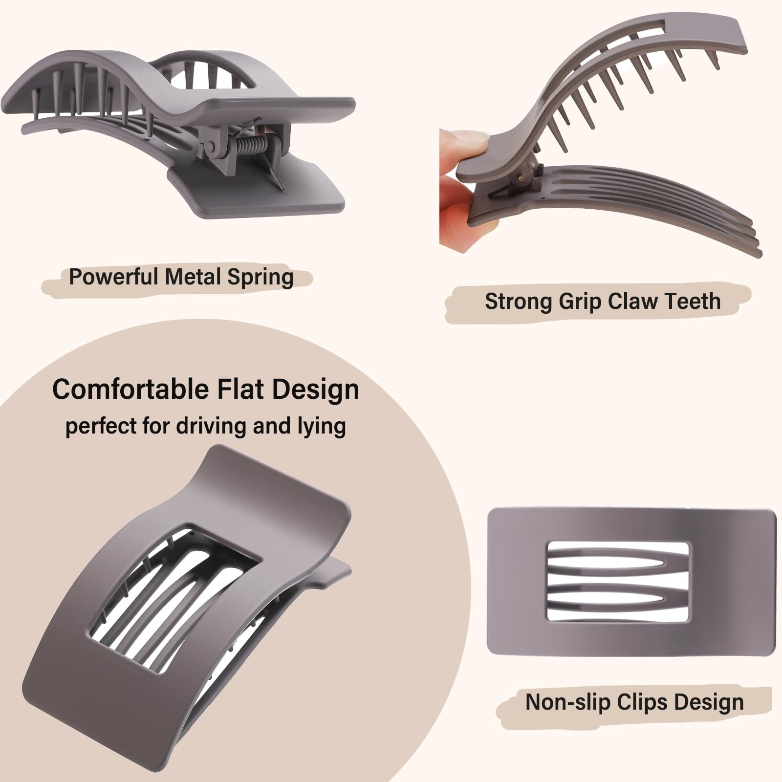 4 Pack Flat Hair Clips for Women, Large 1 Count (Pack of 4), Matte Grey