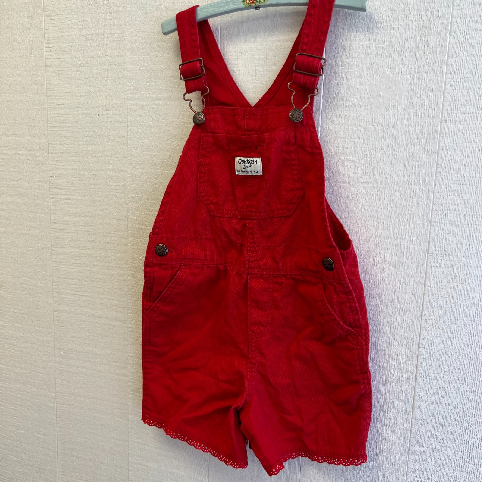 Vintage OshKosh B’Gosh Red Shortalls Girls Size 5T Lace Trim Overalls Romper