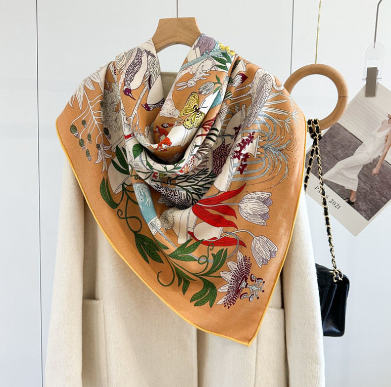 70% Cashmere 30% Silk Wrap Scarf garden Print Double Face Print Shawl 135X135cm