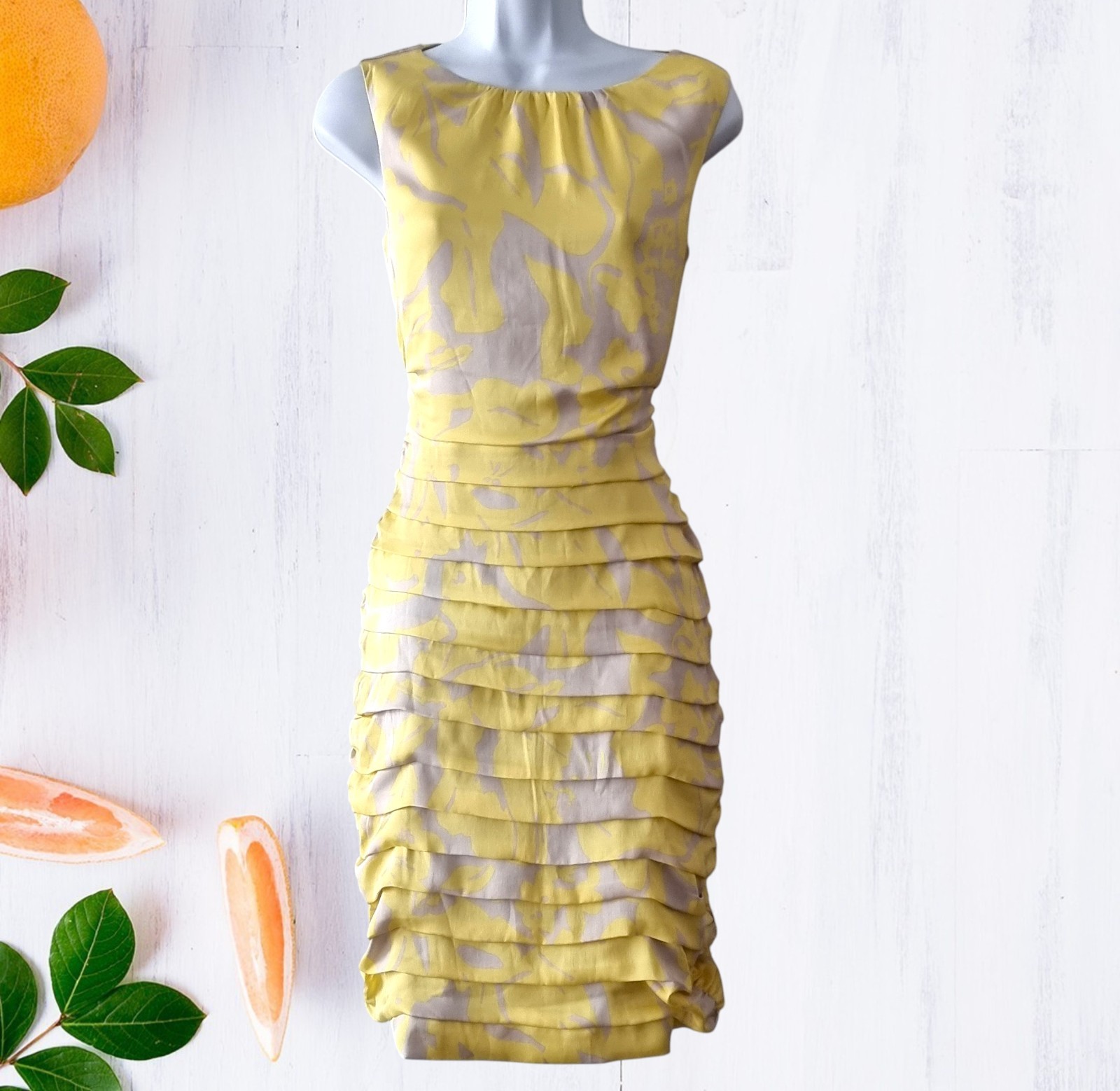 COAST Silk Yellow Grey Layered Ruffle Pencil Dress UK 8 Wedding Ascot Race Party