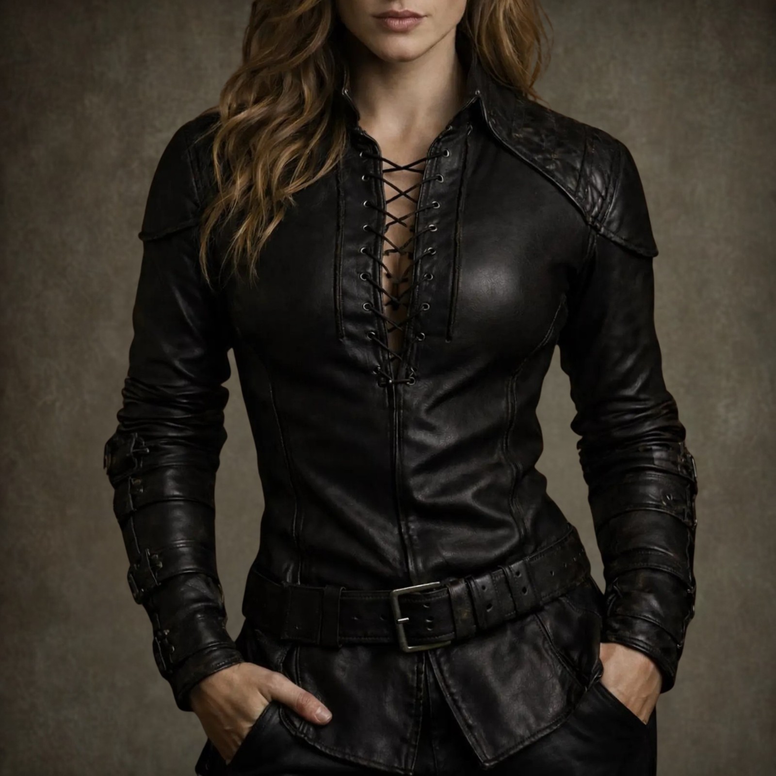 Genuine Leather Shirt Jacket Brown Lace Up Medieval Viking Renaissance Slim
