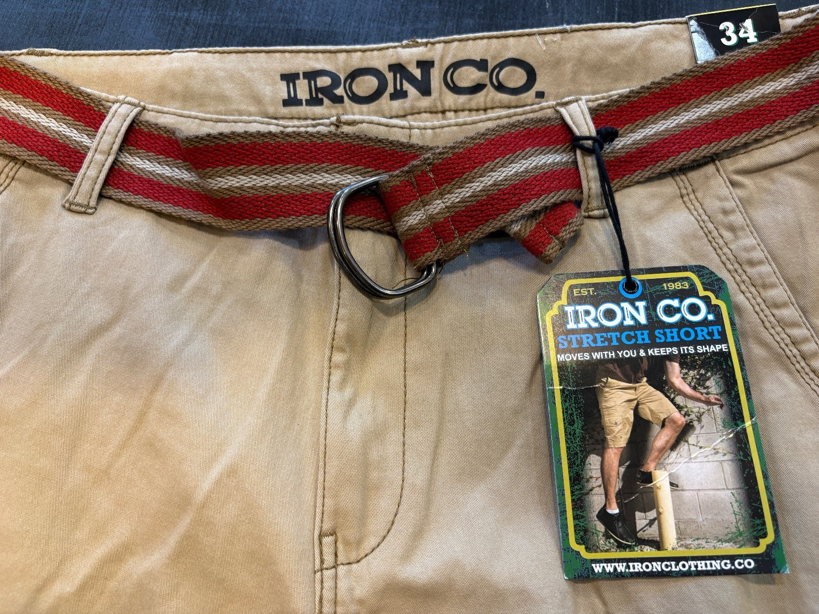 IRON CO. Belted Cargo Shorts Mens 34 W 11 Inseam Khaki Cotton/Spand MSRP $46 NWT