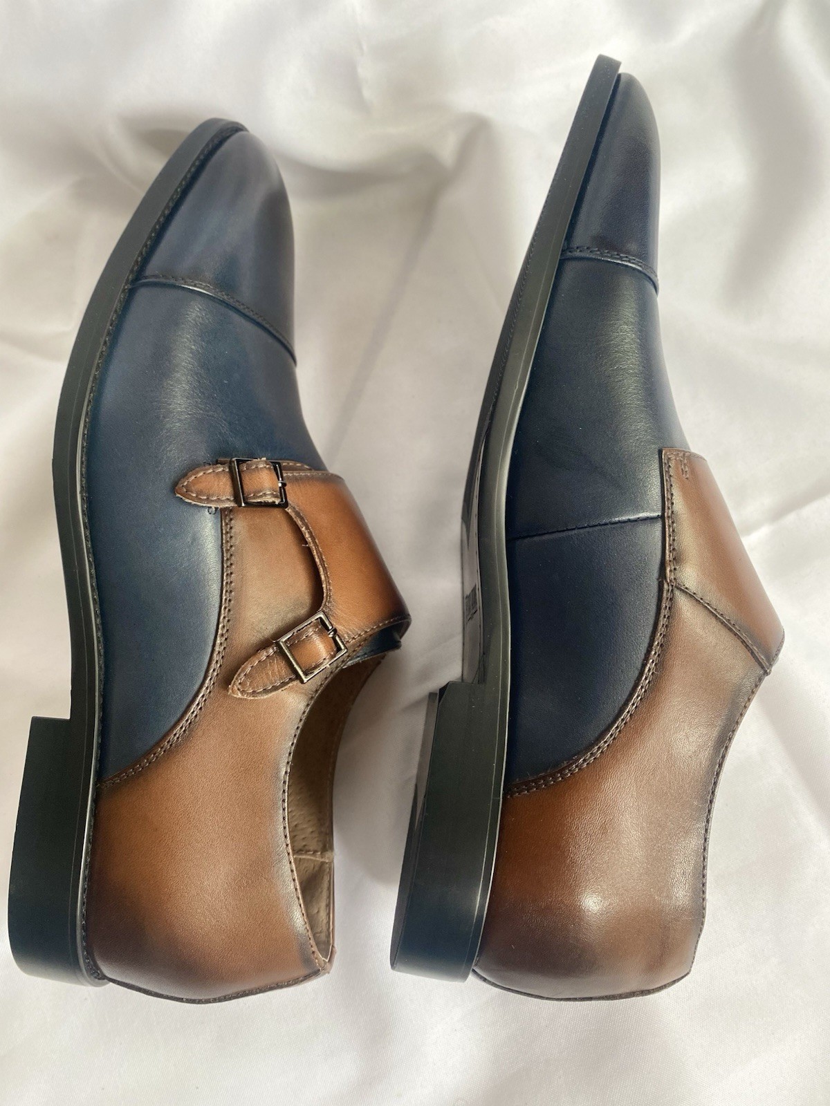 Stacy Adams Raythorne Cap Toe Double Monk Strap Navy Brown Leather Oxford Men 11