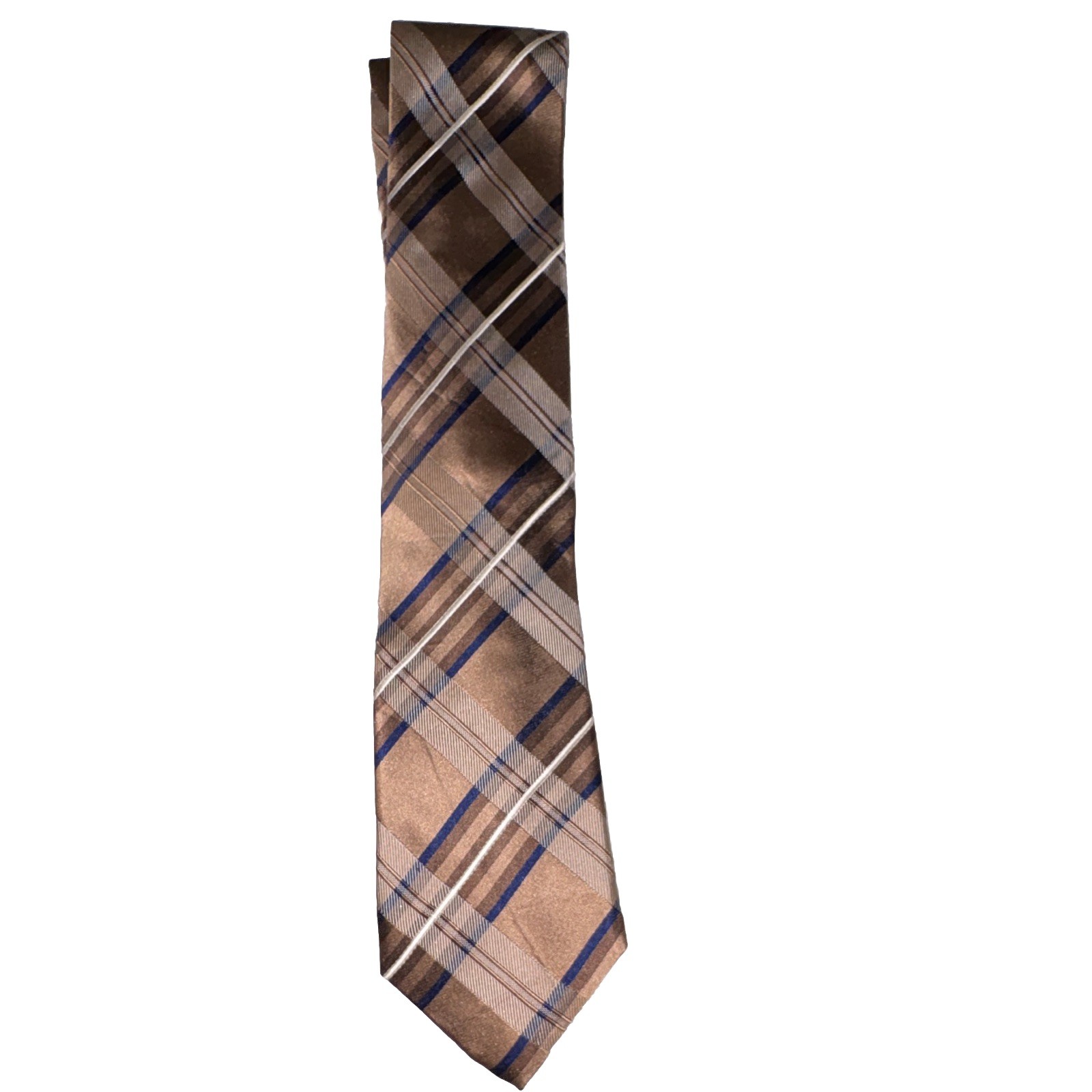 Donald J. Trump Men’s Woven Silk Tie Brown Blue Plaid Check Logo Designer