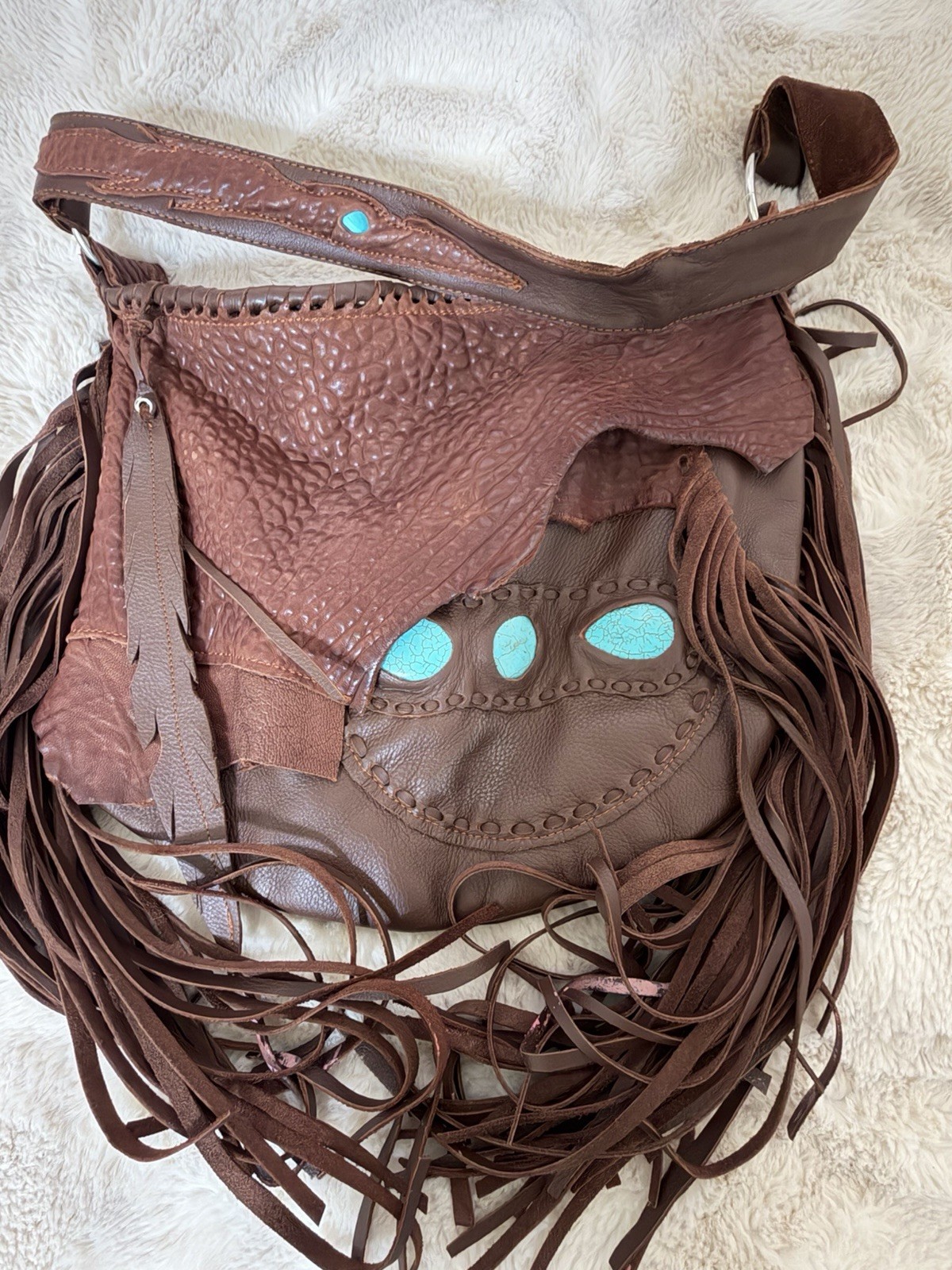 Brown Fringe Hobo Shoulder Bag Turquoise/Blue Paisley Flap Zip, Pouch