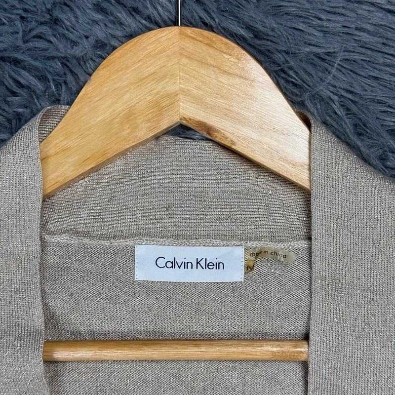 Calvin Klein Metallic Shimmer Open Front Cropped Cardigan Beige Medium M