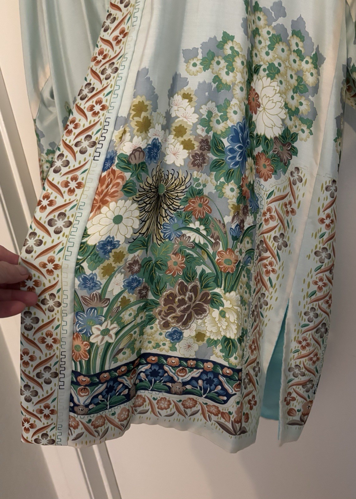 100% Silk Robe Made In Japan Pale Blue, Floral With a Pale Aqua Lining. One Size