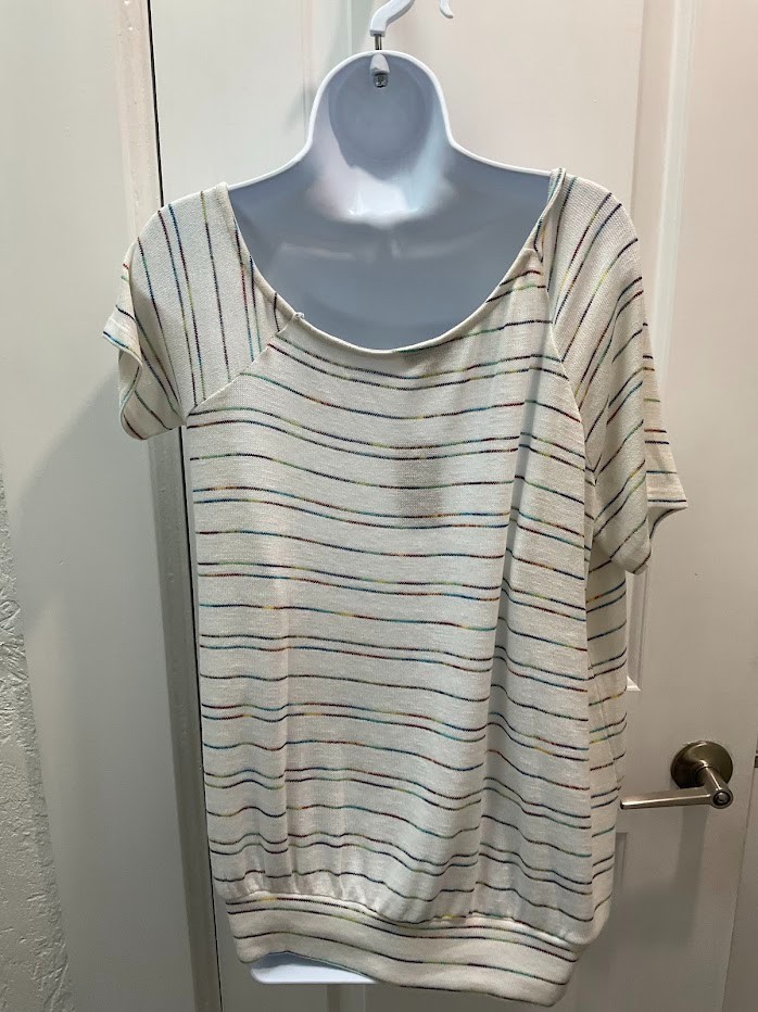 NWT Torrid Hacci Knit Top Size 00 M 10 Off Shoulder Rainbow Stripe Raglan Tee