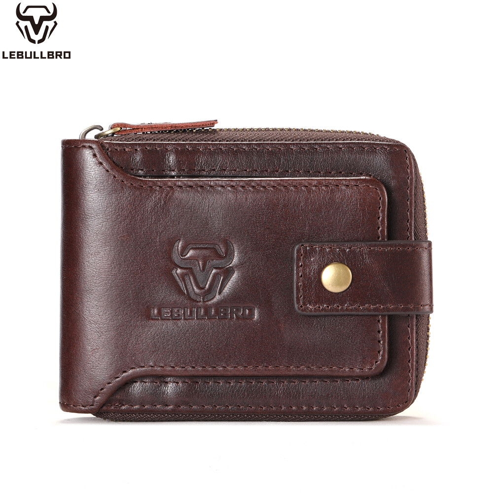Mens Genuine Leather Zipper Wallet RFID Blocking Bifold Zip Around Card Holder