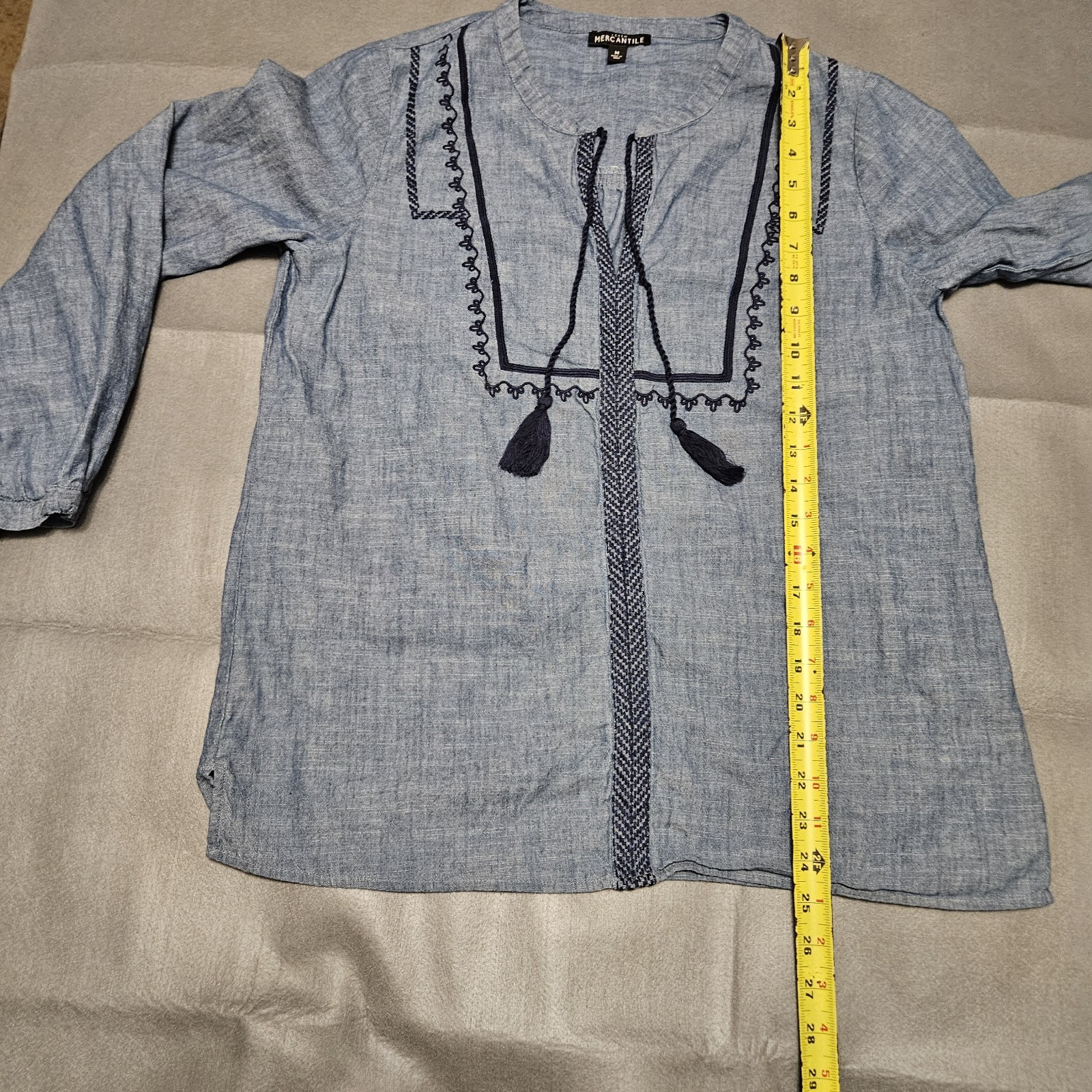 J.CREW Mercantile Blue Chambray Embroidered Tassel Tie Split Neck Blouse M