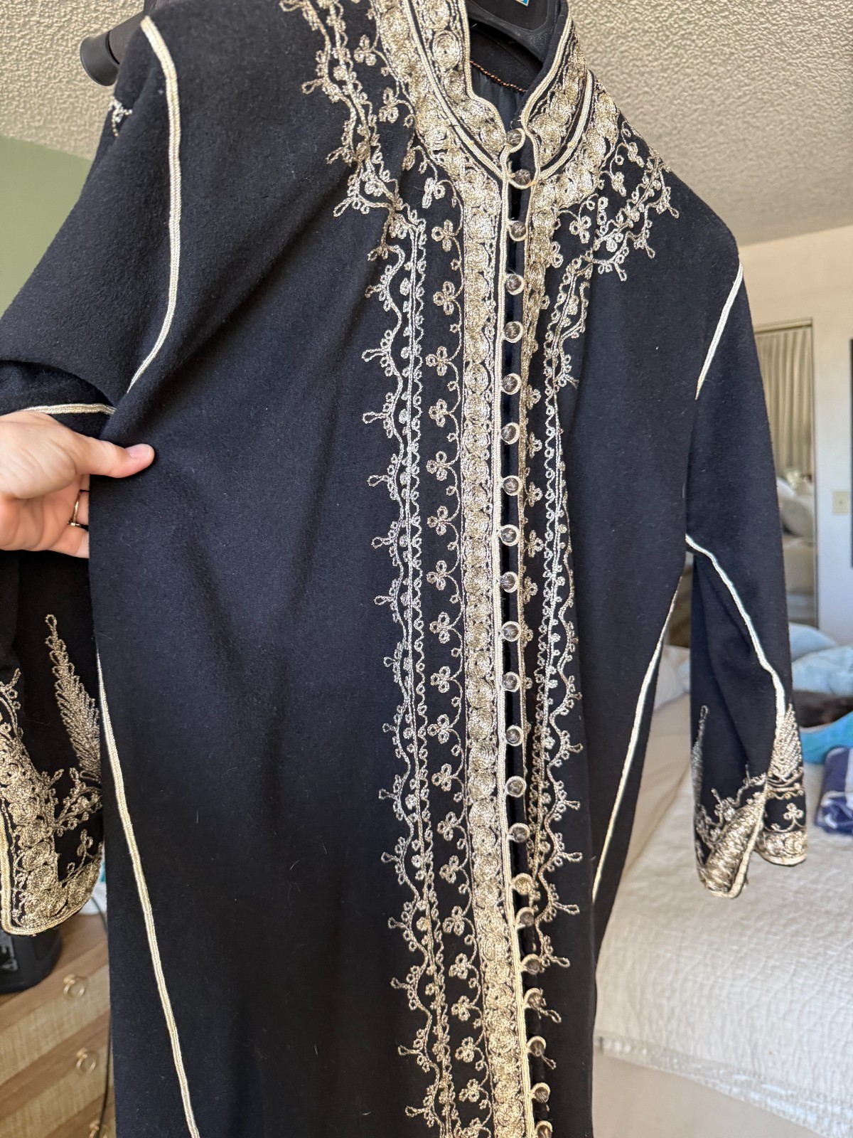 Vintage Handmade Black Wool Caftan Hand Embroidered Artisan Ceremonial Robe Maxi