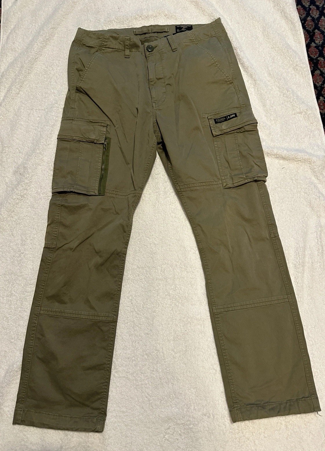 Superdry Men’s Green Solid Cargo Pants 32 Regular Straight Leg Twill Pockets