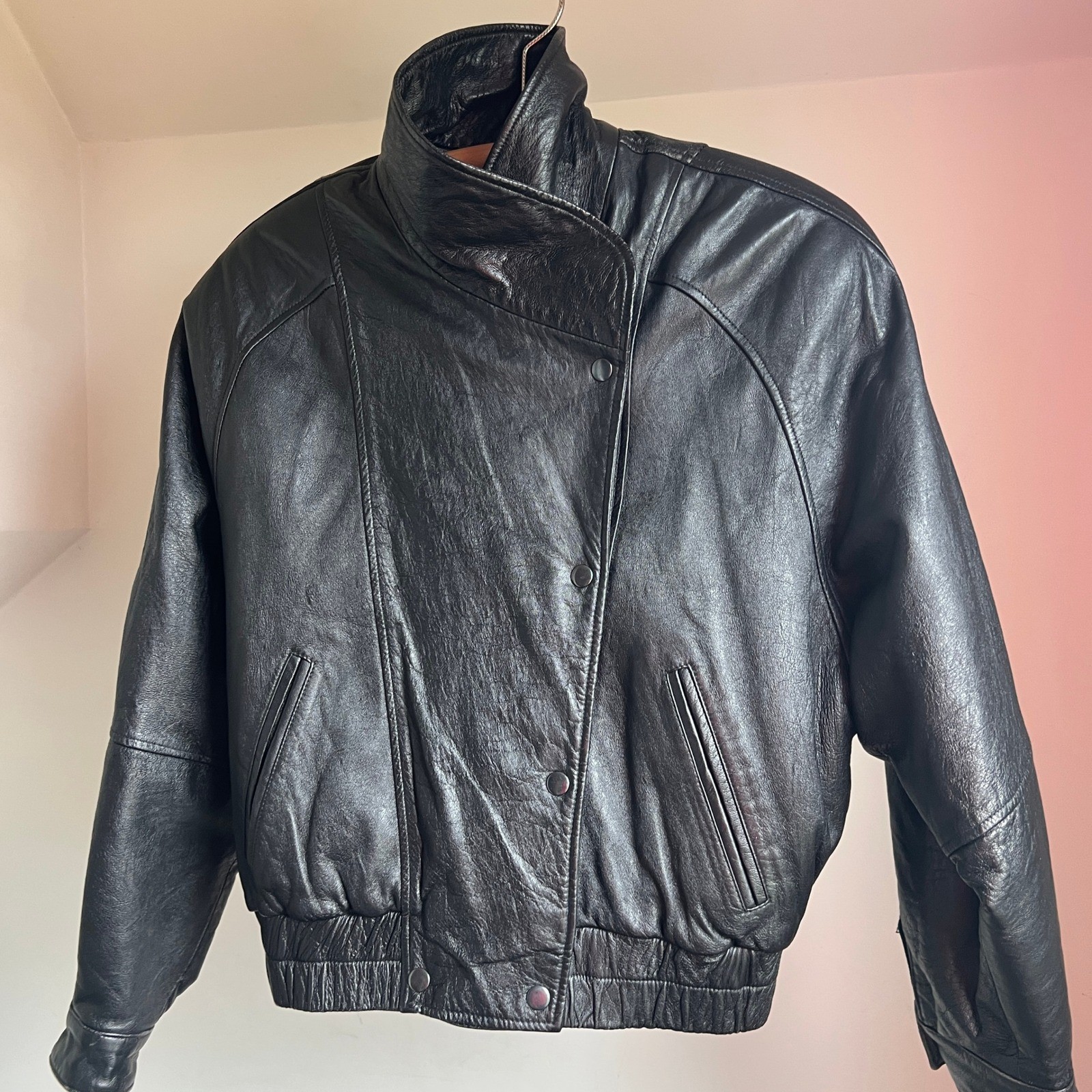 Vintage 80s Leather Jacket Black Cropped Statement Bomber Moto Biker 90s