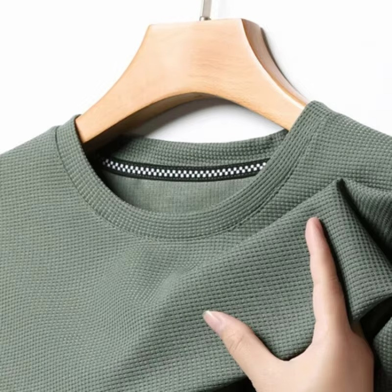 New Summer Waffle Round Neck Short Sleeved T-shirt for Men’s Short Sleeved Top