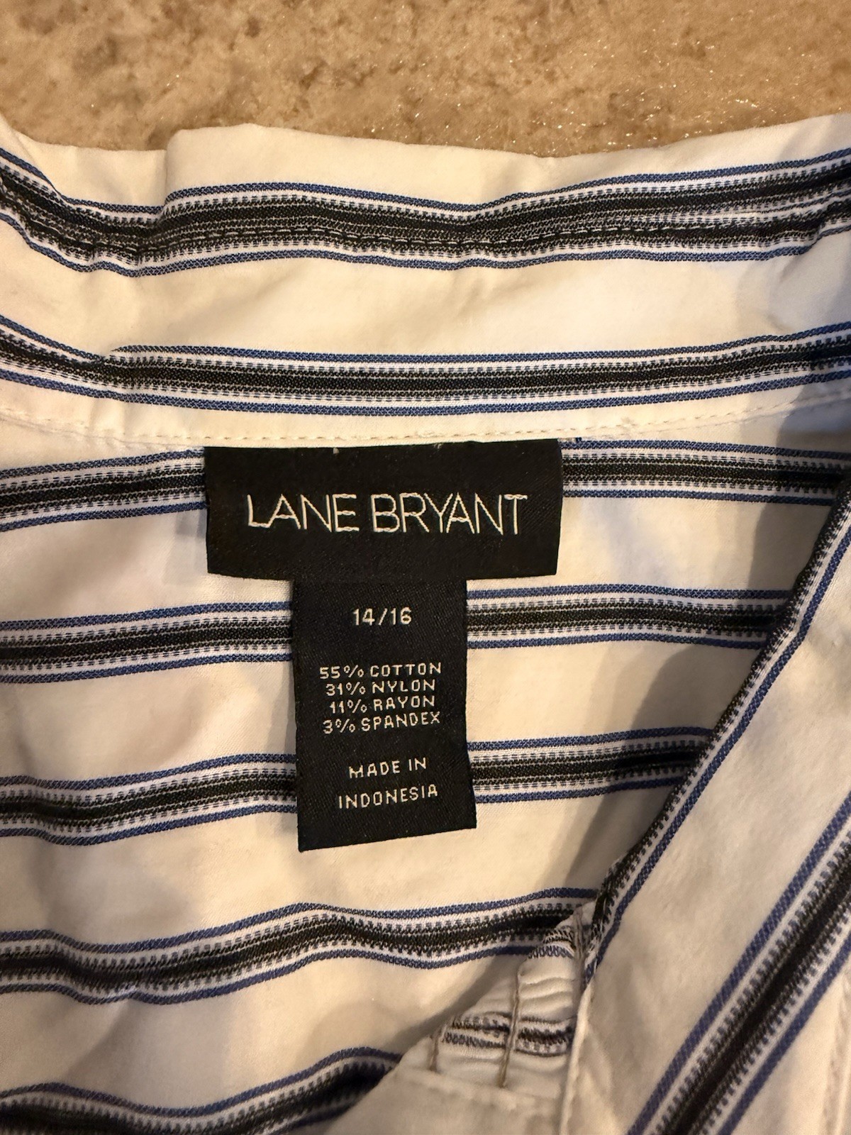 Lane Bryant White Blue Striped Collared Button-Up Long Sleeve Stretch 14/16
