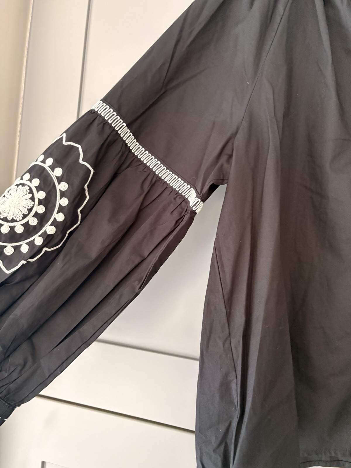 M&S 100% Cotton Black & White Embroidered Smock Top Size 12 Boho Blouse