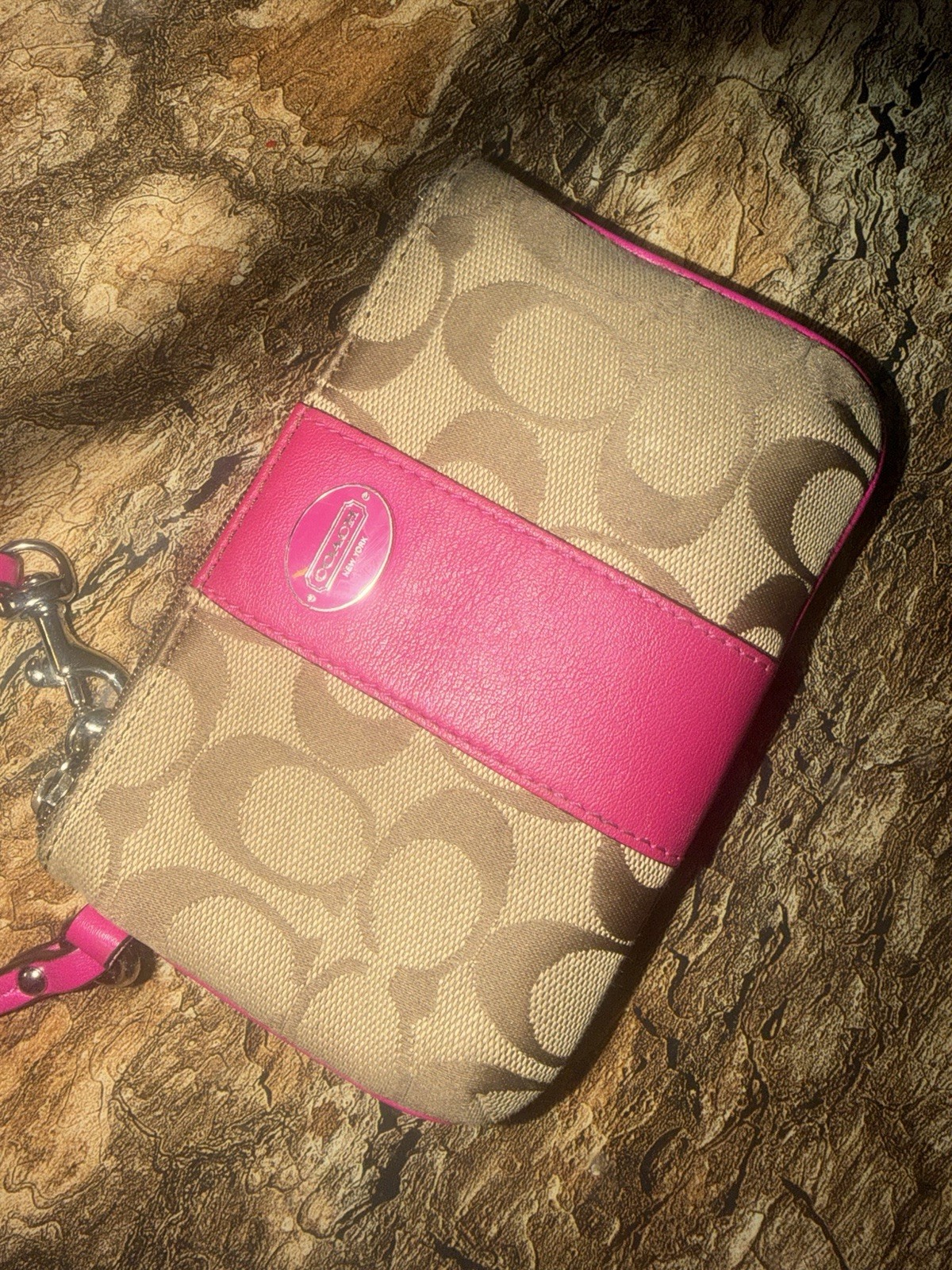 Coach Signature Tan/Pink Zip Wristlet Pouch Clutch with Pink Wrist Strap