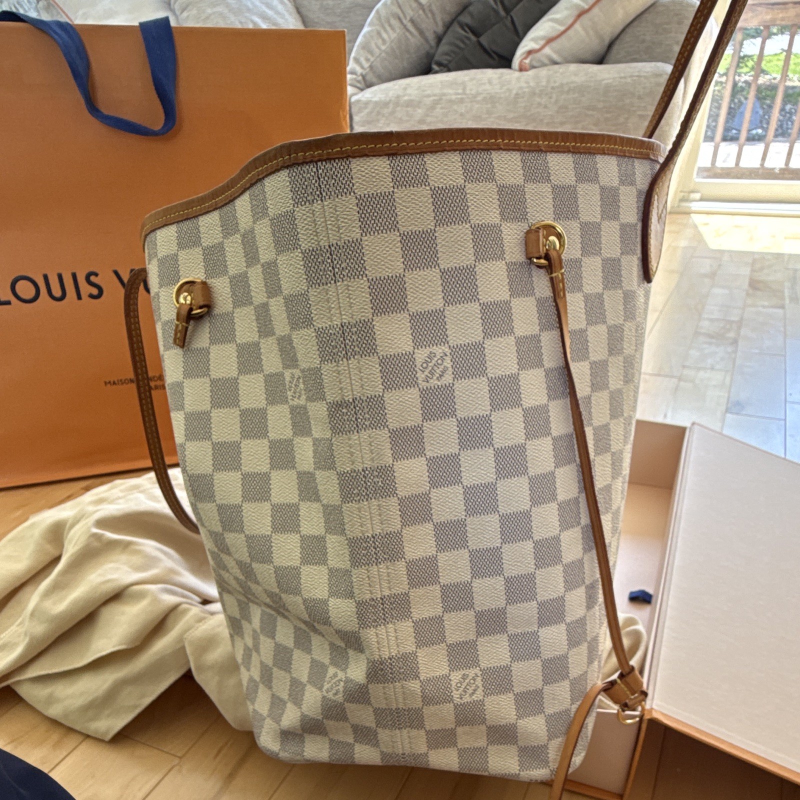 Louis Vuitton Neverfull MM Damier Azur Tote, Dust Bag Box Card, Pockets