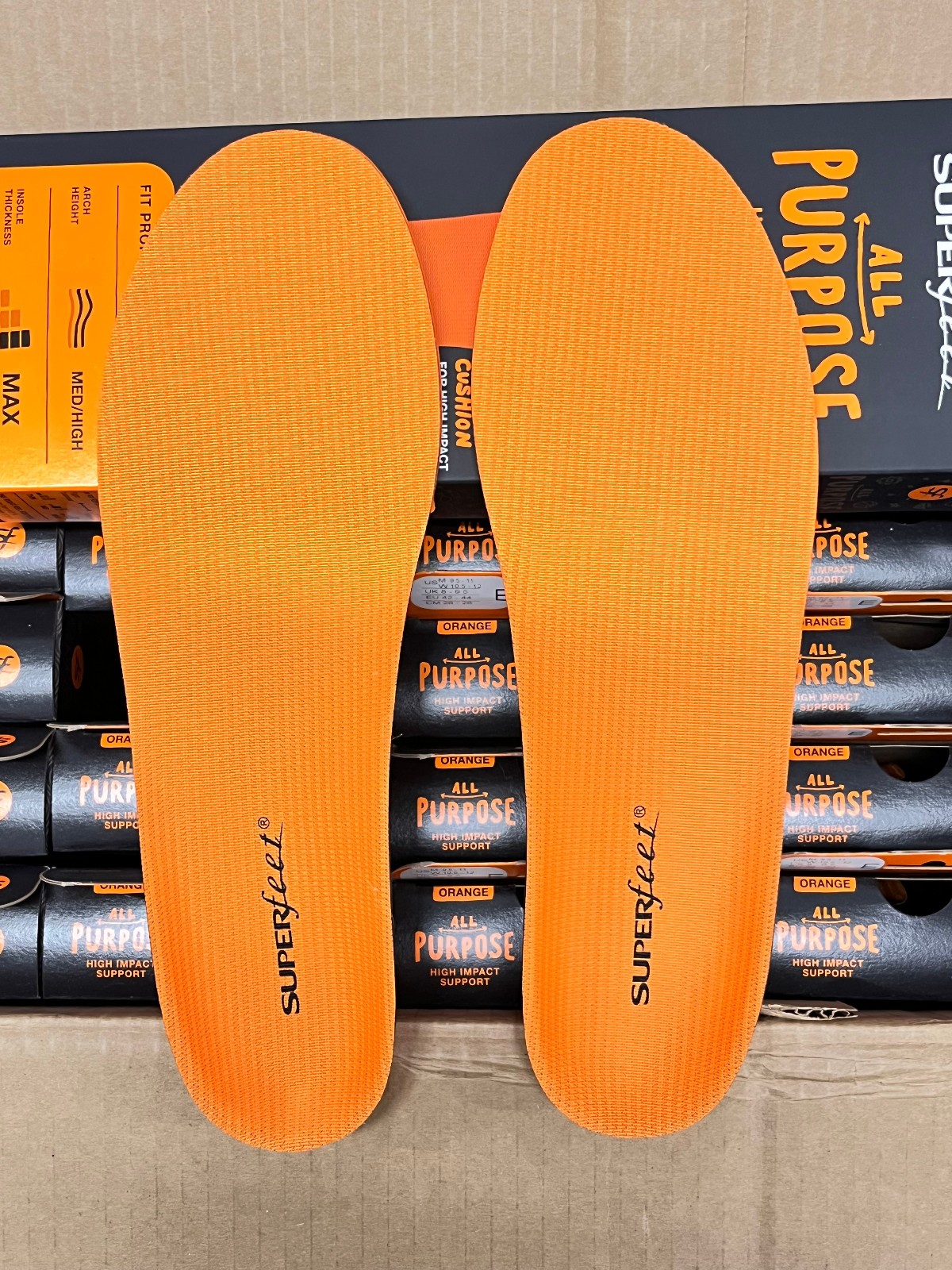 Superfeet All Purpose High Impact Support Insoles Orange Full Size Size E Box