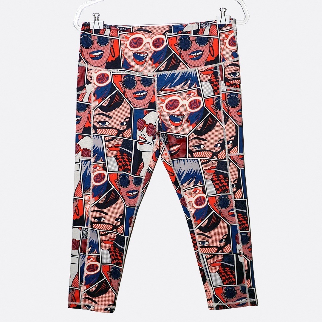 Pop Art Comic Print High Waist Capri Leggings Bold Graphic Retro Streetwear 0X L