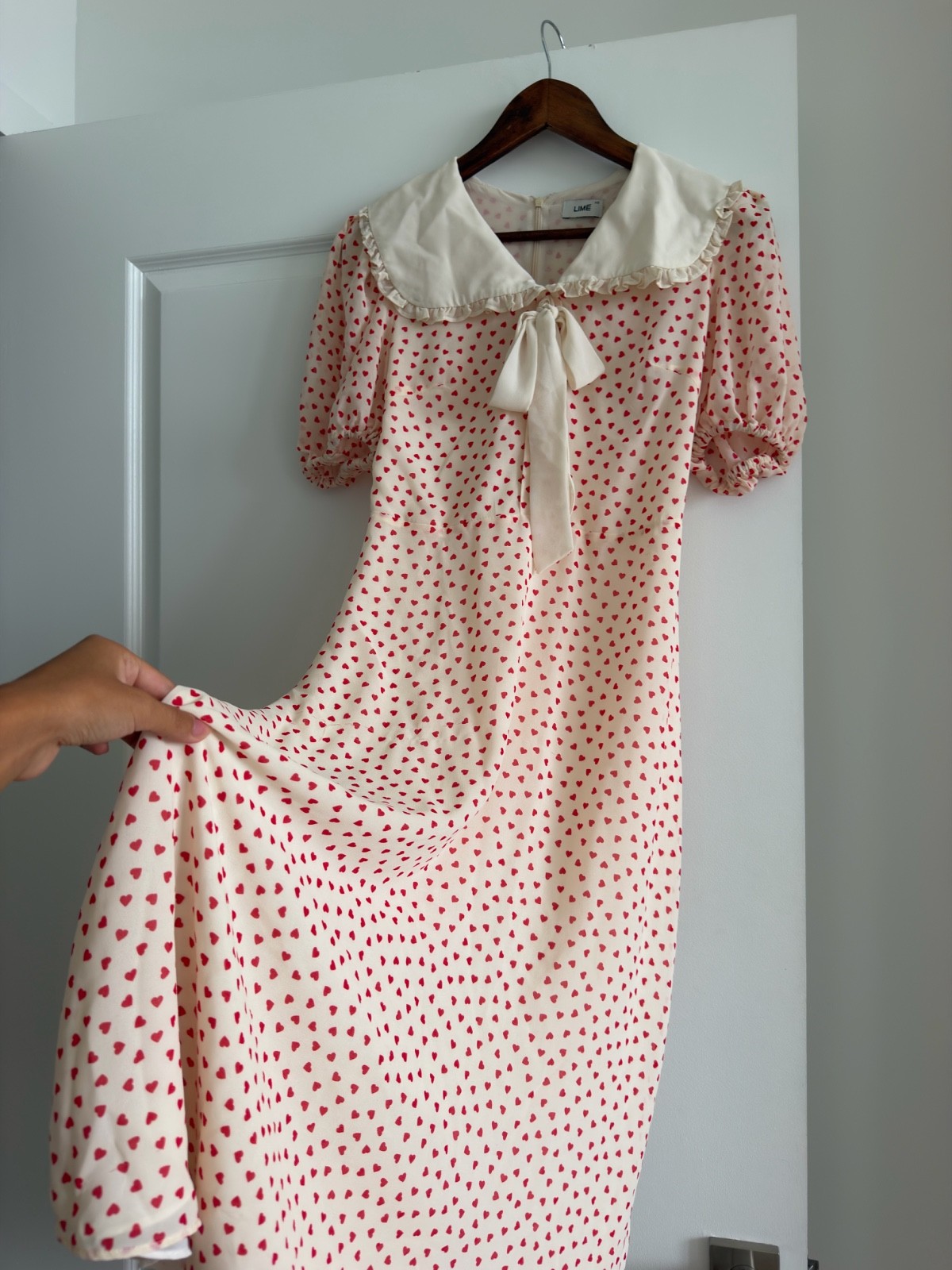 LIME Women’s Heart Print Midi Dress XS Peter Pan Collar Puff Sleeve Cottagecore