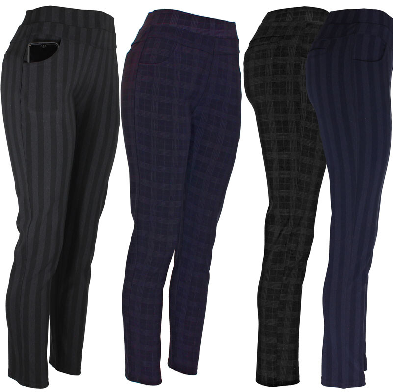 Womens Stretch Dress Pants, 4 Pocket Stripe and Checkered in Black & Navy