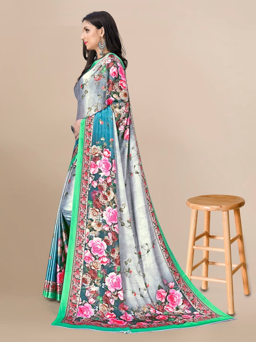 Women’s Satin Crepe Floral Saree for Women with Unstitched Blouse Piece