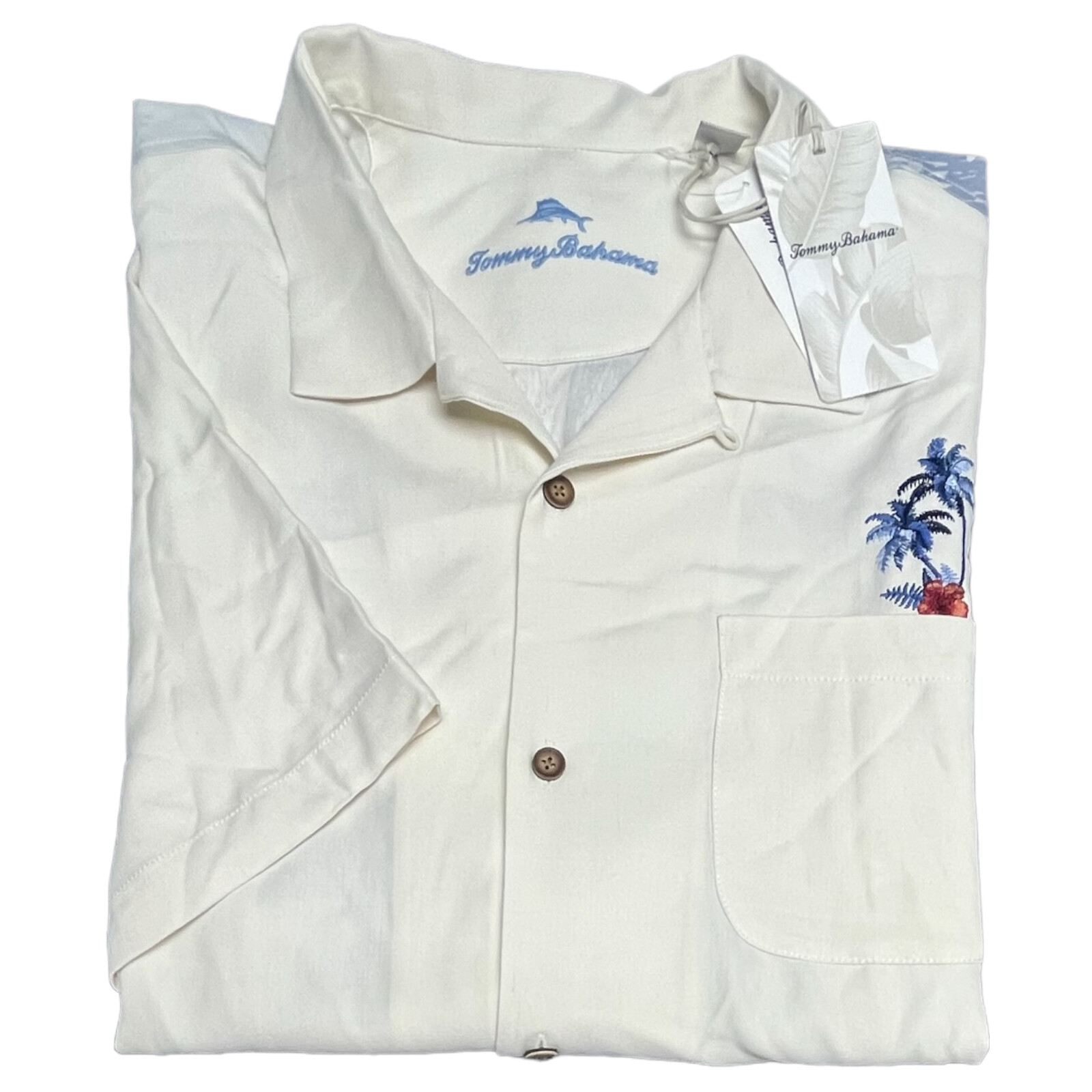 Tommy Bahama Red White & Paradise Embroidered Ivory 100% Silk Short Sleeve $158