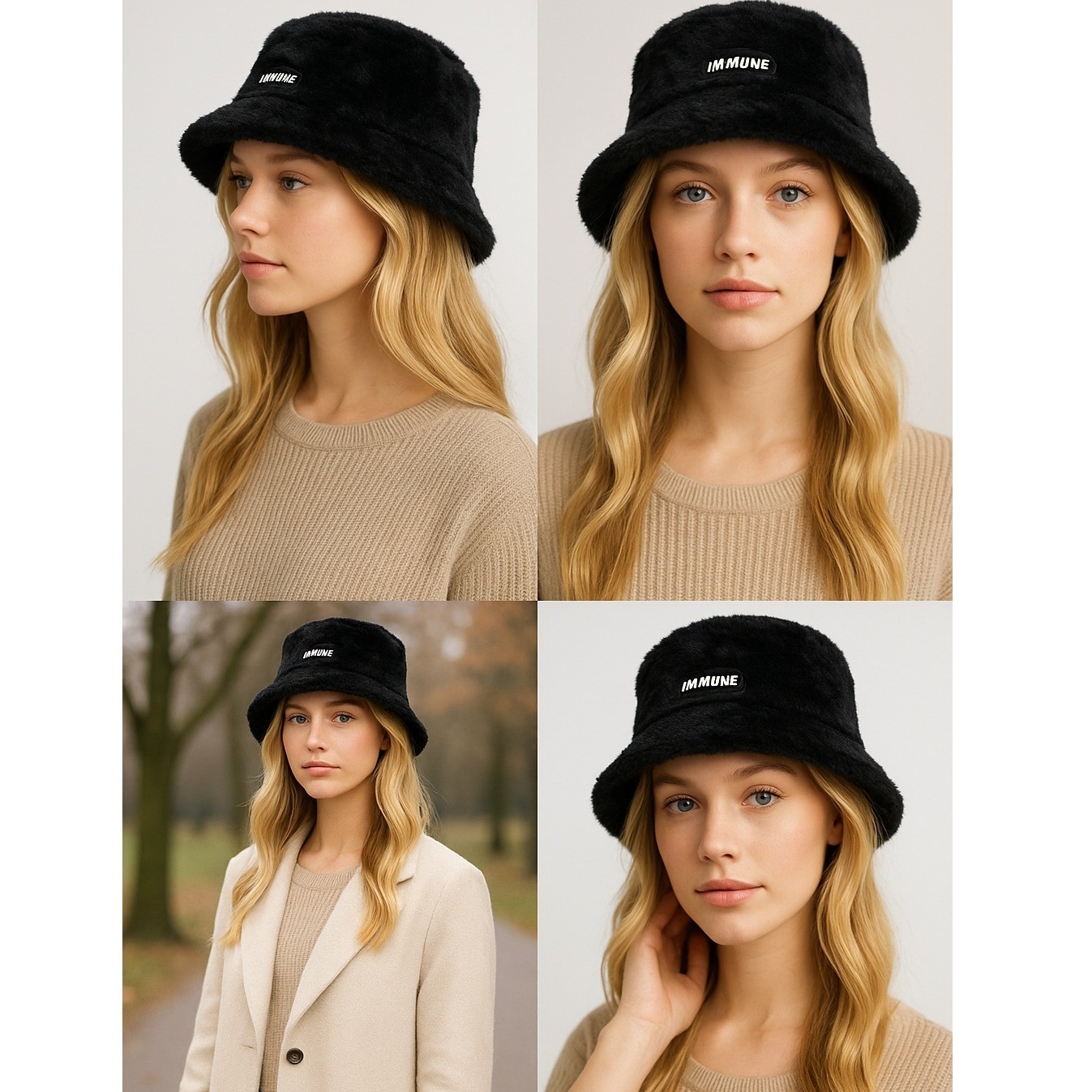 Women’s Black Faux Fur Bucket Hat IMMUNE Patch Winter Warm Fluffy Knit Cap