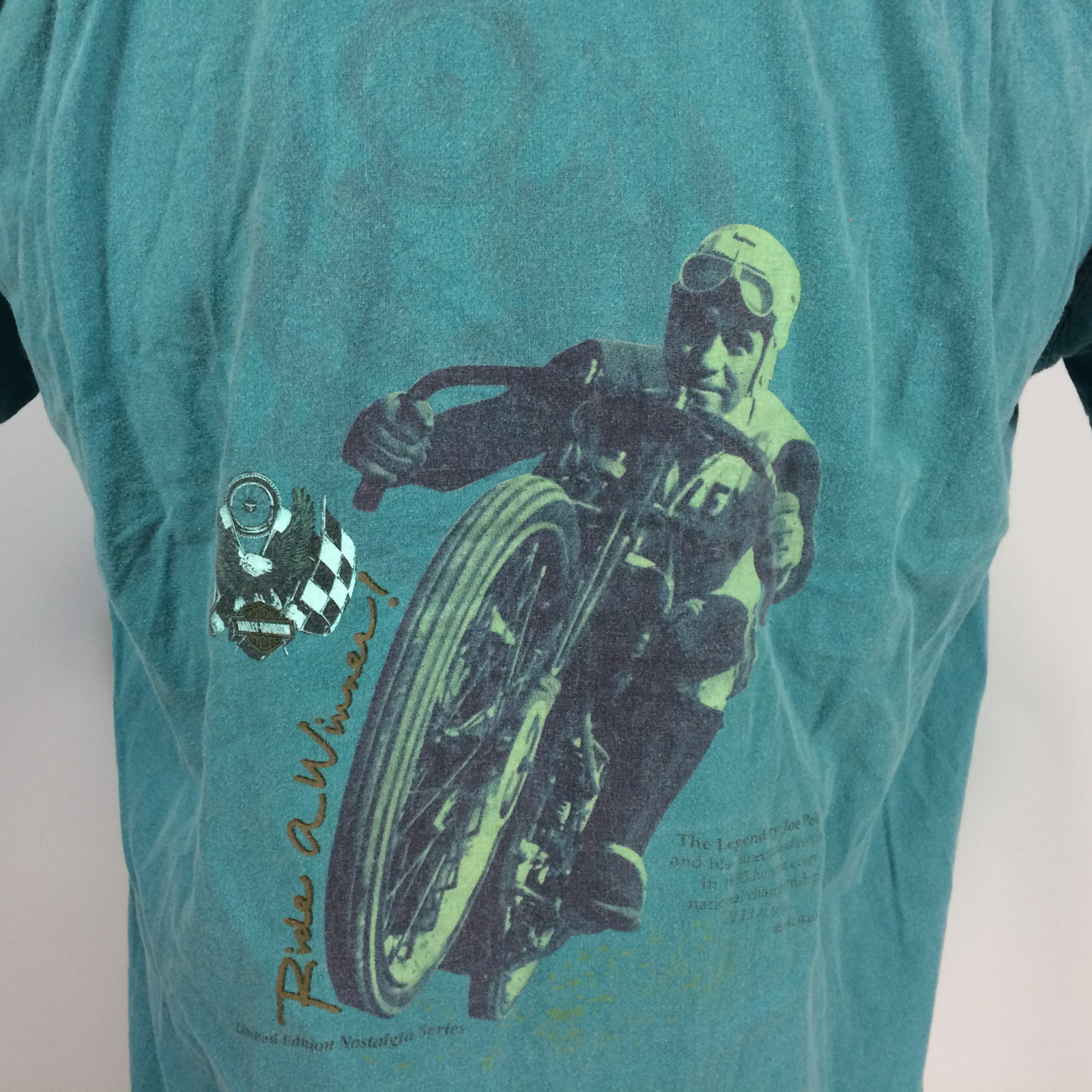 Vintage 80s 90s Harley Davidson Motorcycle Racing Button Shirt Surf Teal M