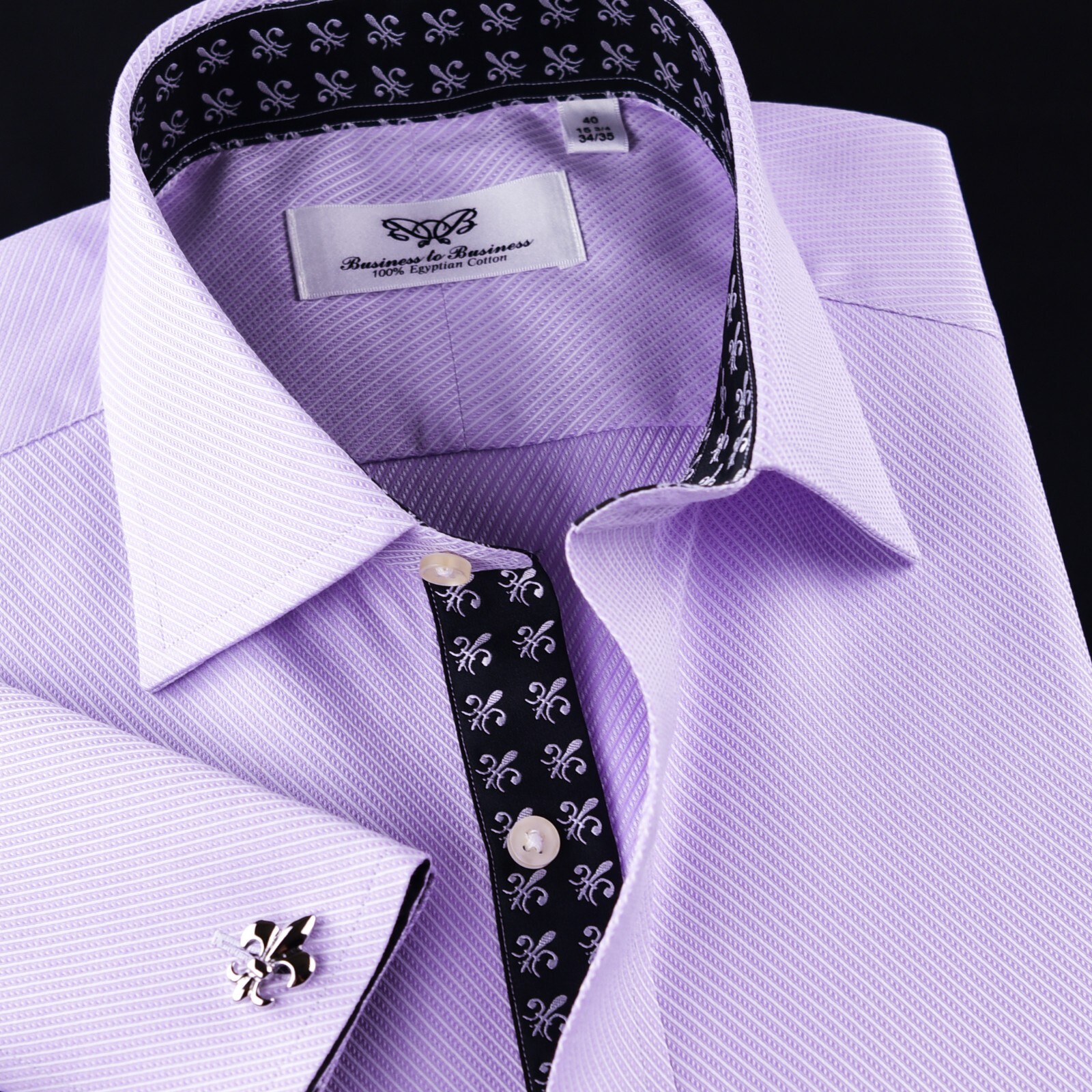 Lilac Twill With Black Italian Fleur-De-Lis Inner Lining Formal Dress Shirt Top
