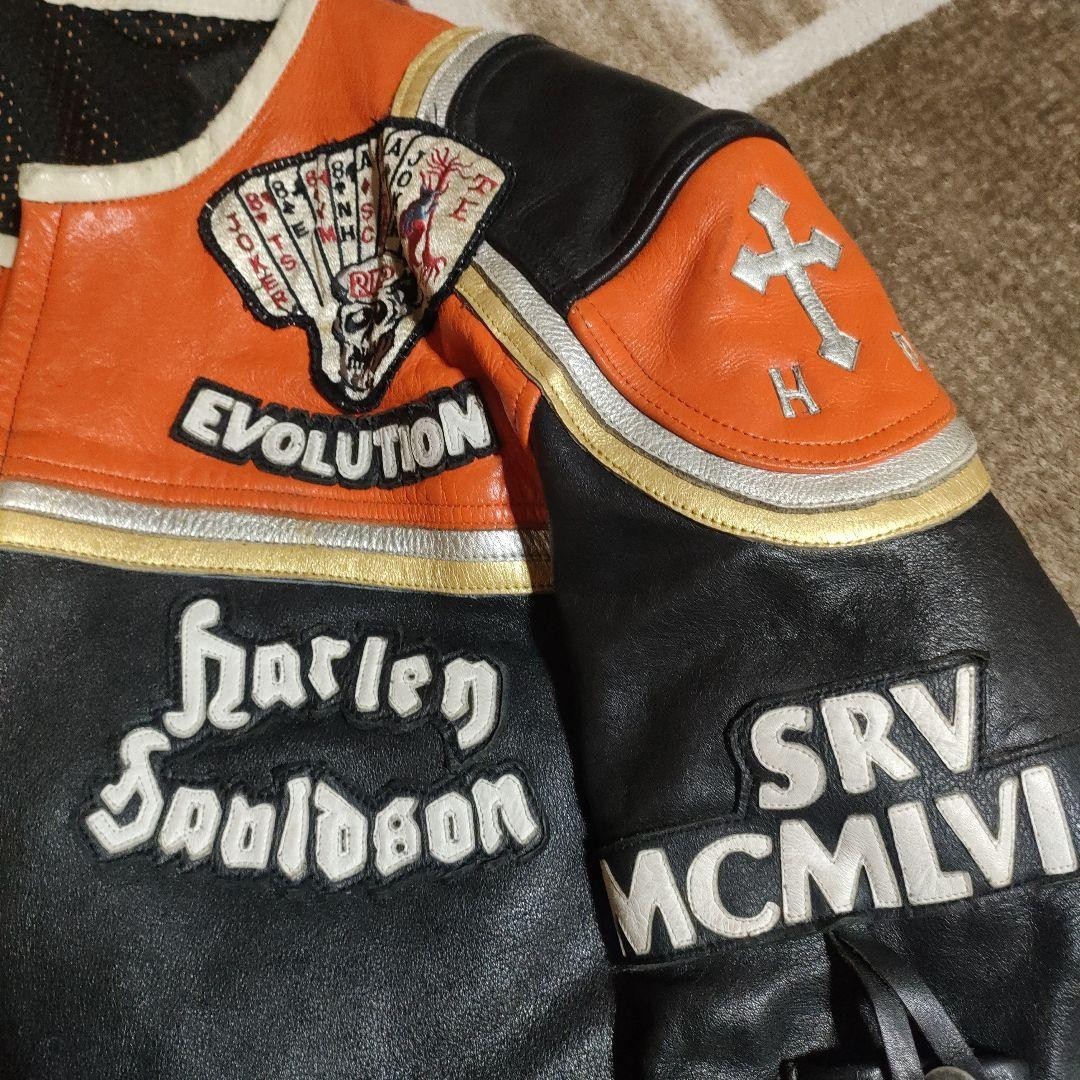 HARLEY DAVIDSON Marlboro Man Leather Jacket Black Orange Biker Mens