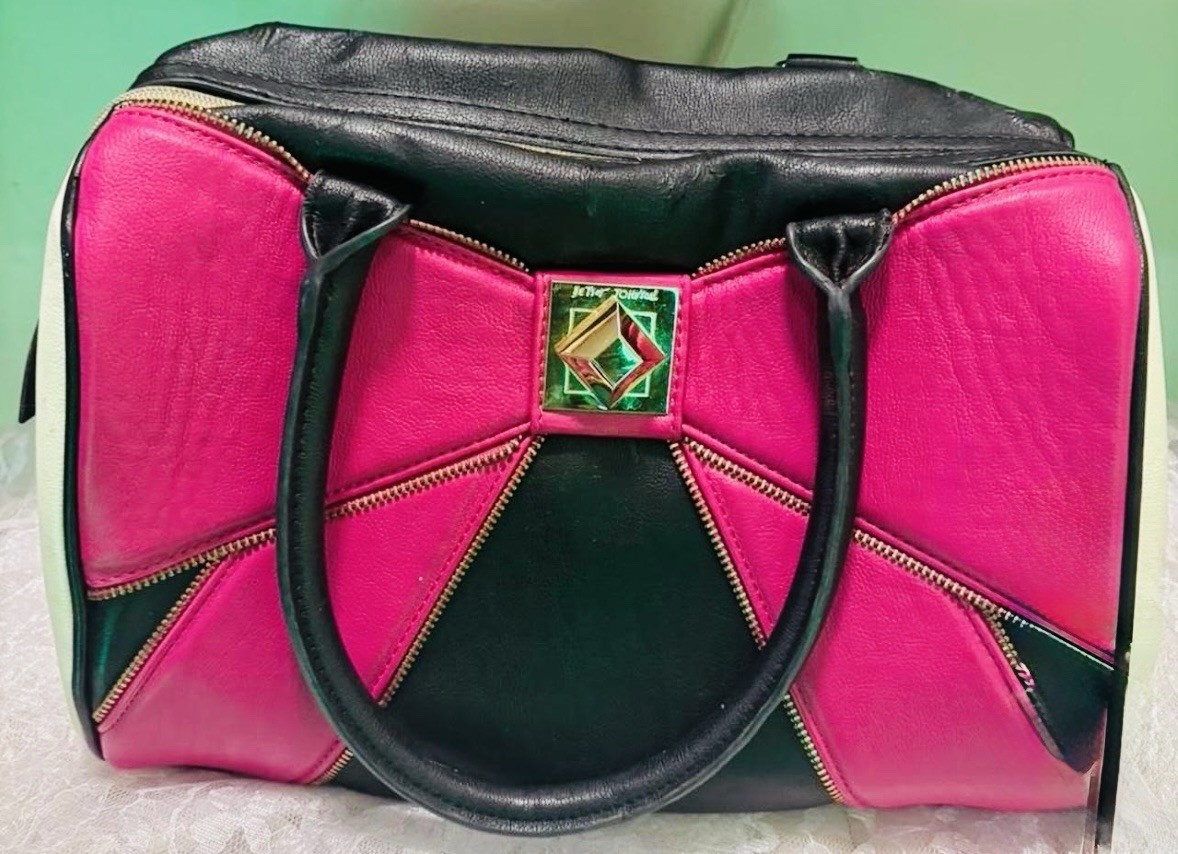 Betsey Johnson Black Pink Floral Satchel Top Handle Zip Detachable Strap