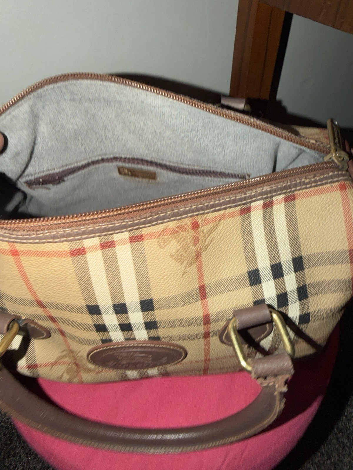 Burberry Haymarket Check Satchel Top Handle Bag Zip, Gold