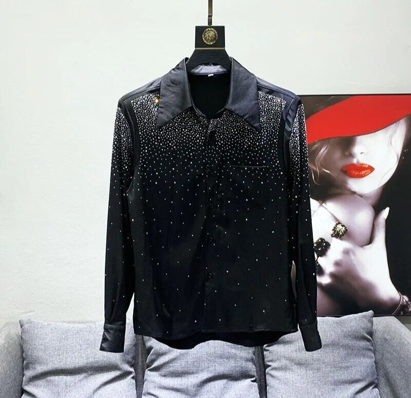 New Luxury Men Diamond Rhinestones Fashion Button-Down Black Shirt High Quality