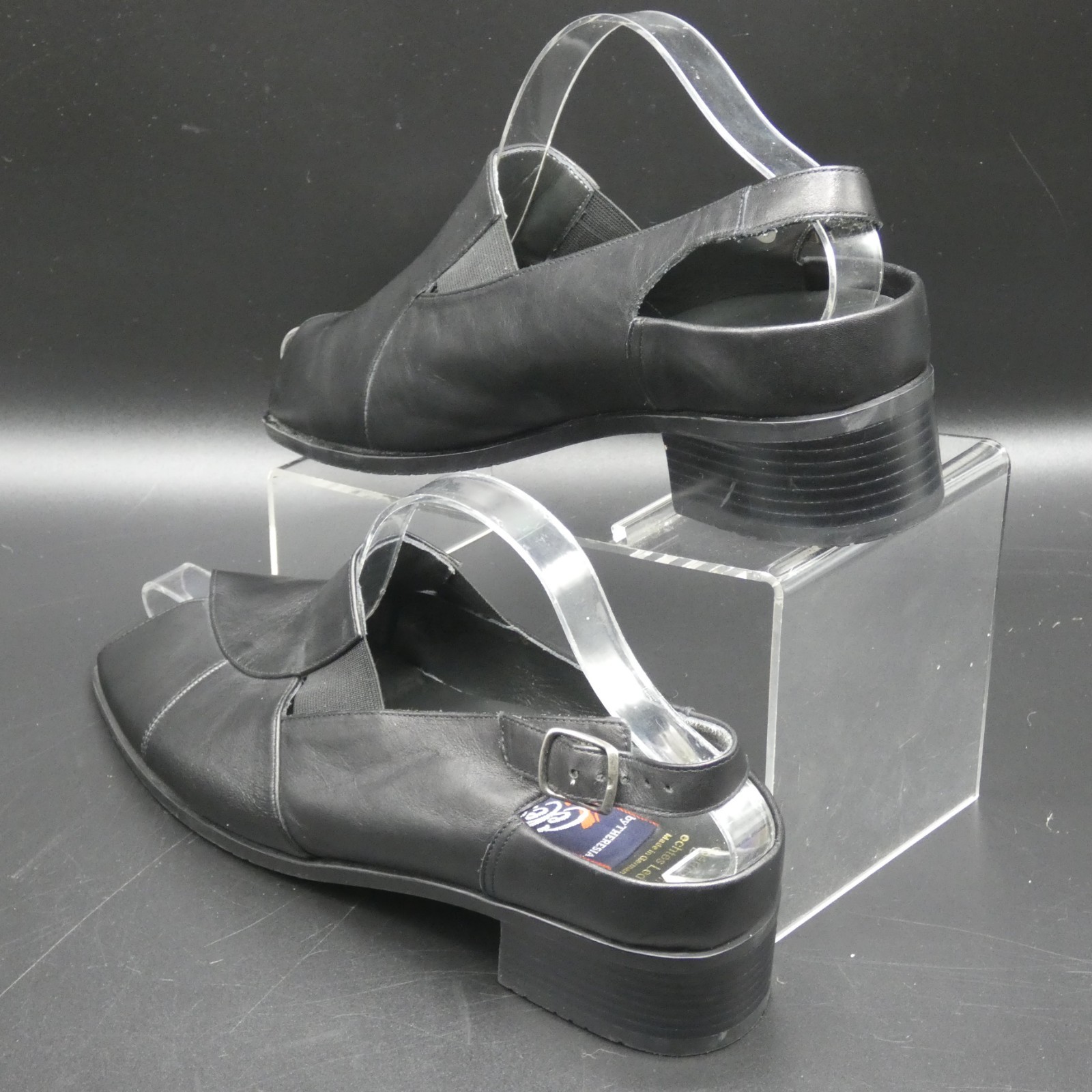 Theresia M Celeste Black Leather Slingback Open Toe Pump Sandals Size UK 8 US 10