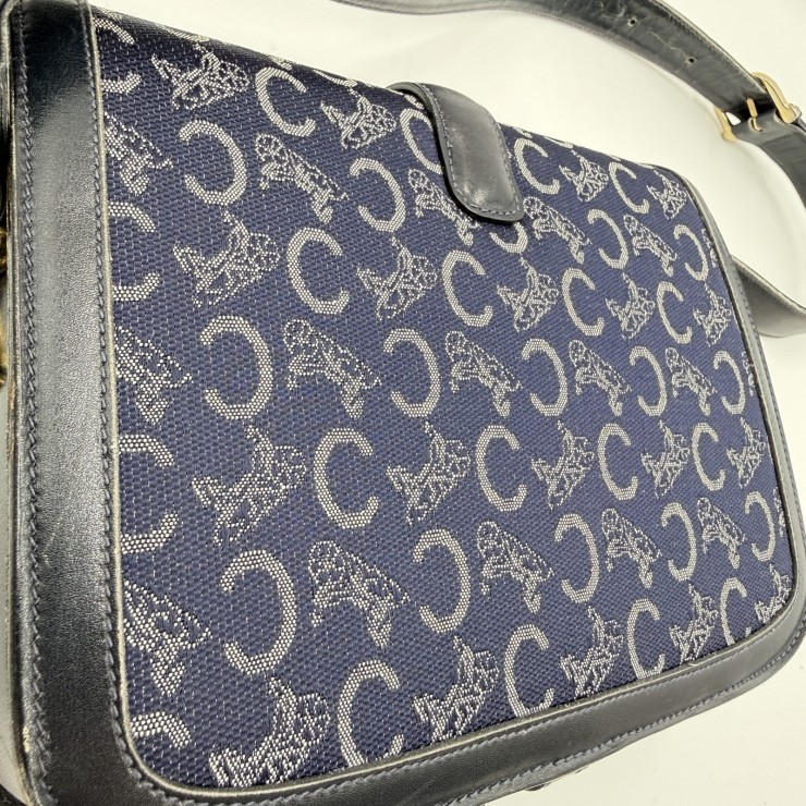 CELINE Sulky C Macadam Vintage Shoulder Bag Navy Canvas and Leather Gold-ton…