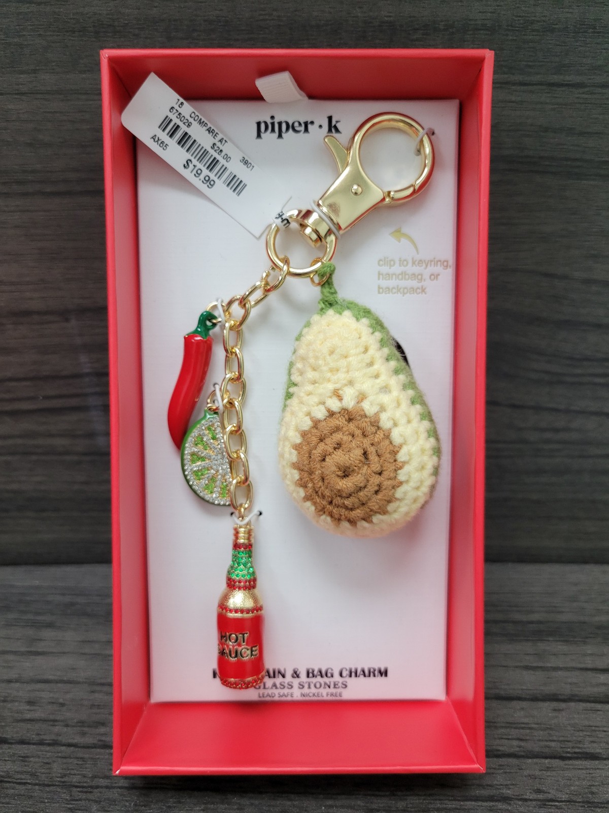 Piper K Avocado Crochet Bag Charm Key Chain Hot Sauce Chili Lime Rhinestone NIB