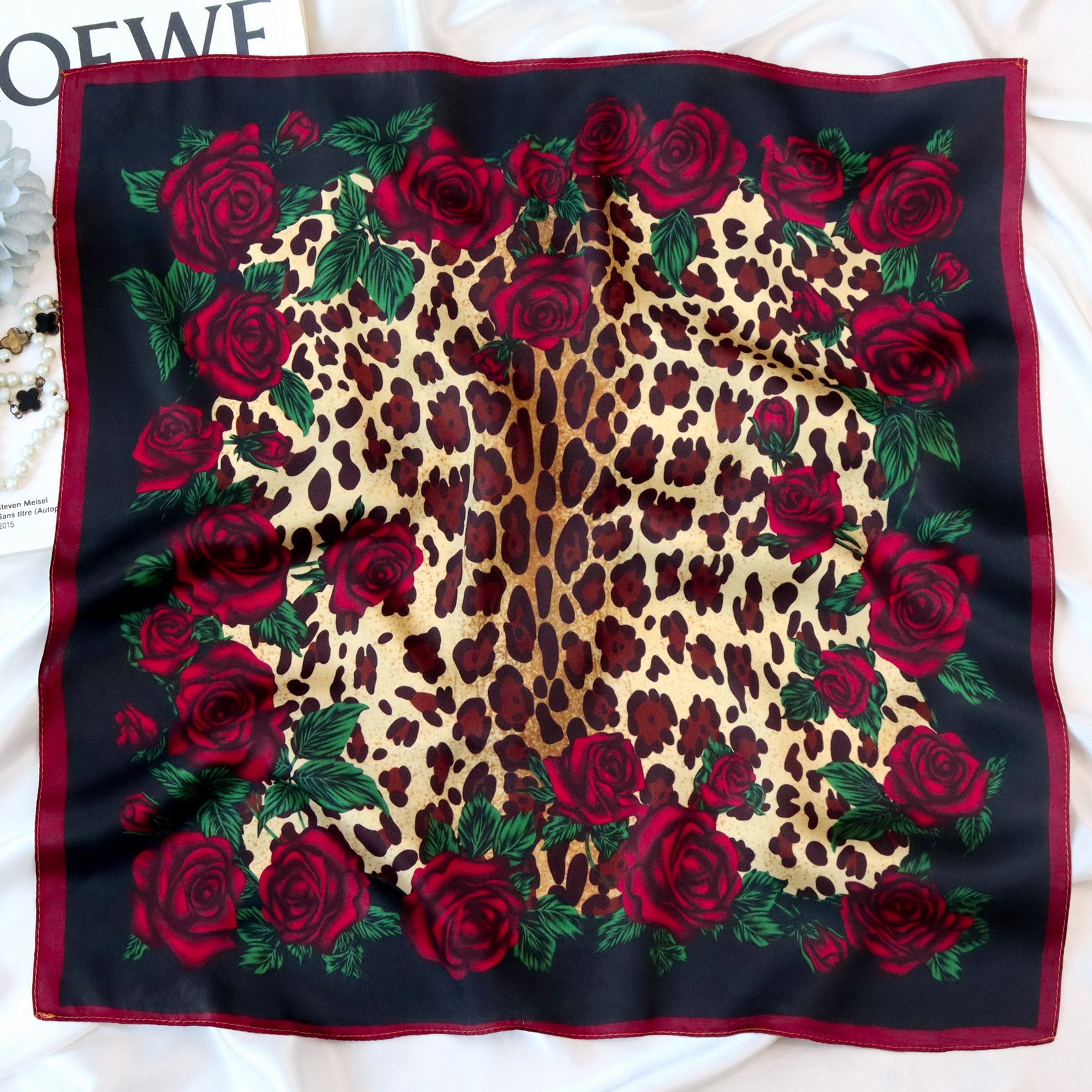 100% Mulberry Silk Satin Square Scarf Red Rose Floral Print 20.9″×20.9″