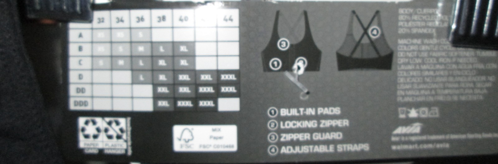 Avia Zip Front Sports Bra High Support Women’s XS Built in Pads Adj Straps NEW