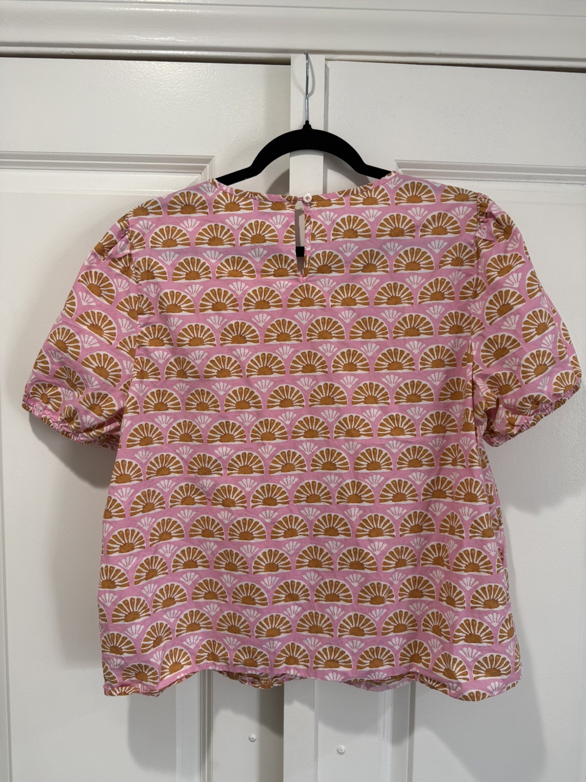 J Crew Women’s Pink Fan Print Smocked Puff Sleeve 100% Cotton Boho Cottage Large