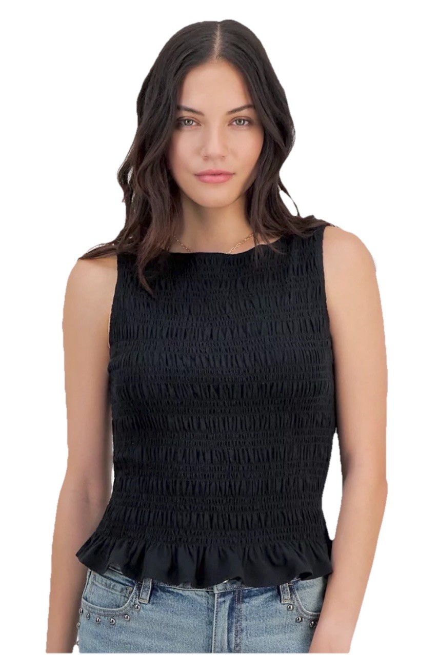 AND NOW THIS Black Smocked Textured Sleeveless Peplum Top Size Large NEW