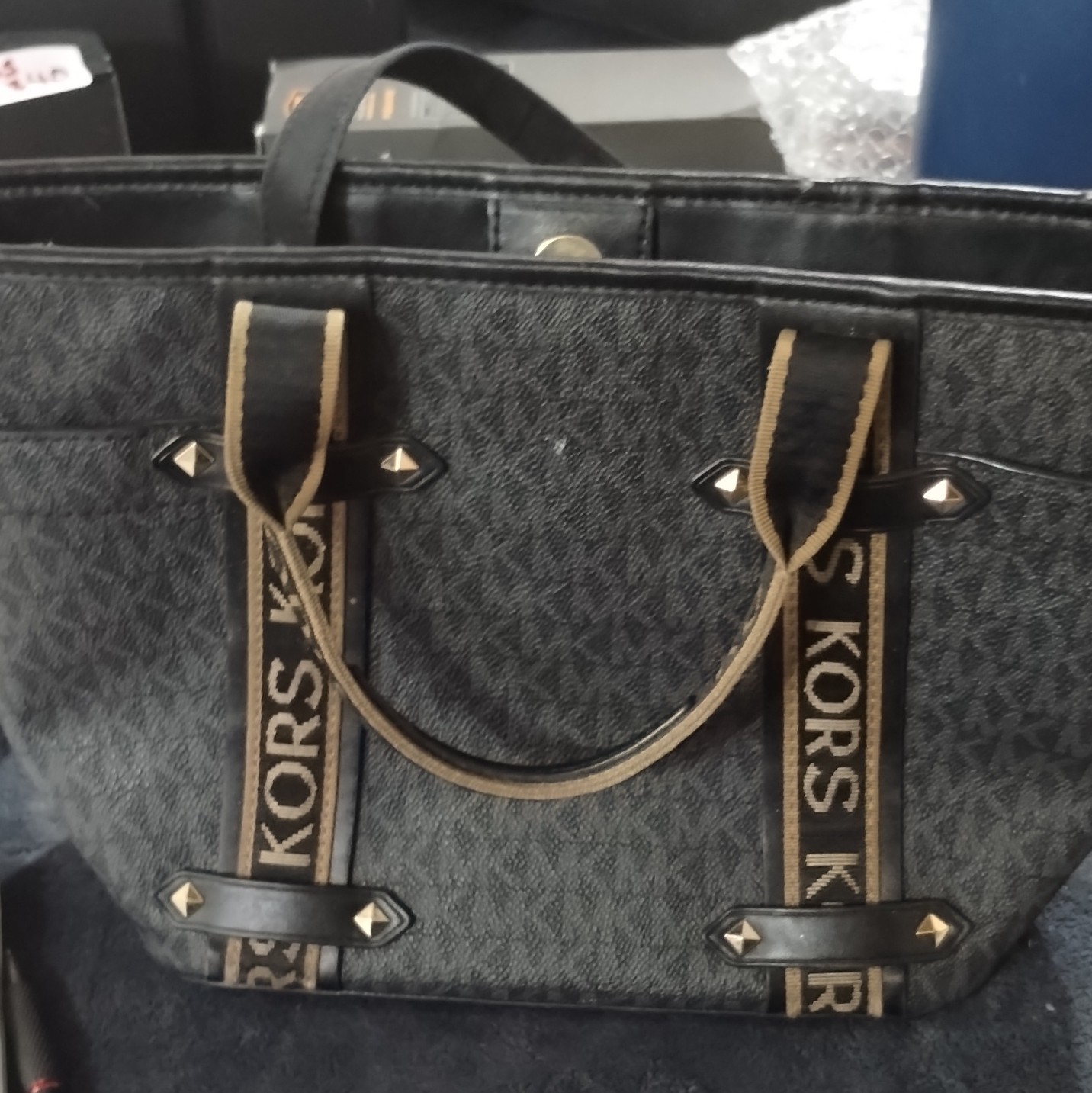 Michael Kors Logo Tote Black Gold Hardware Studded Magnetic Close Inner Pockets